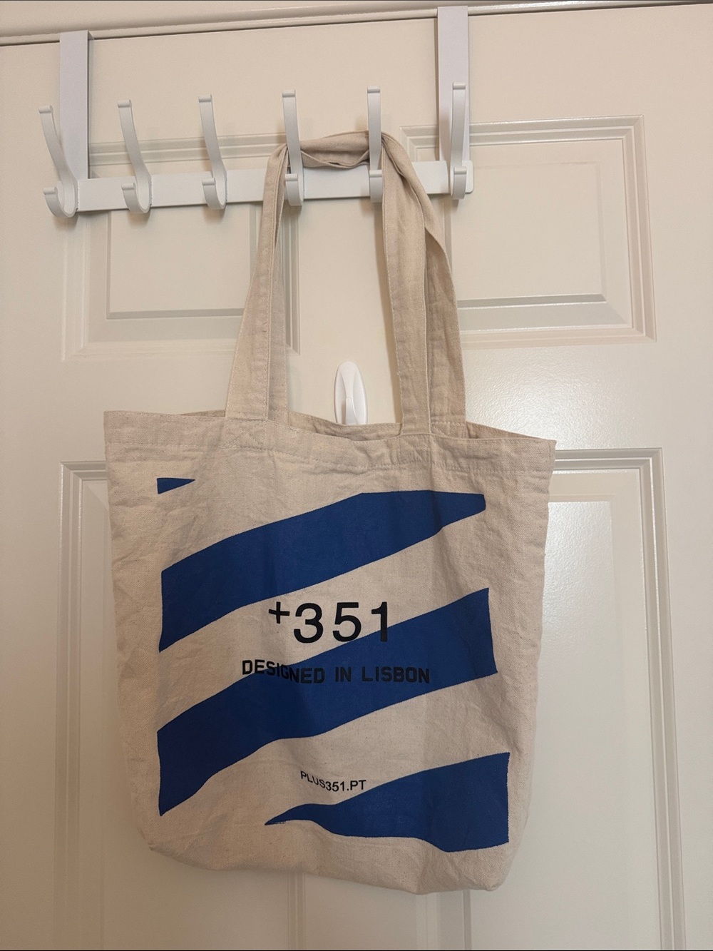 +351 Lisbon Canvas Tote Bag in Natural with Blue Print